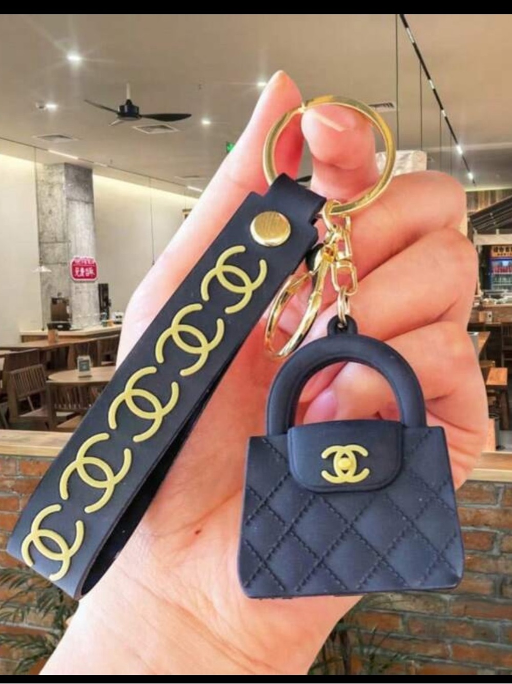 Fashion Black Quilted Mini Bag Keychain with Gold Accents bag charm nwt pink